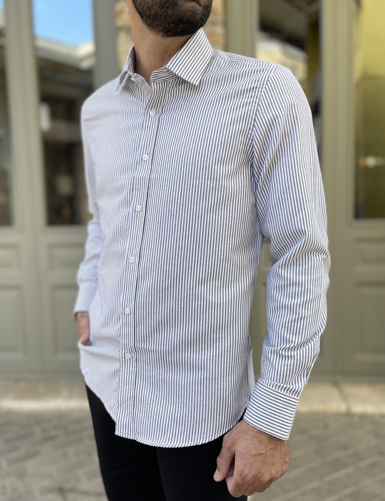 Ανδρικό πουκάμισο με γιακά λευκό με γκρι ρίγα 2097G φωτογραφία